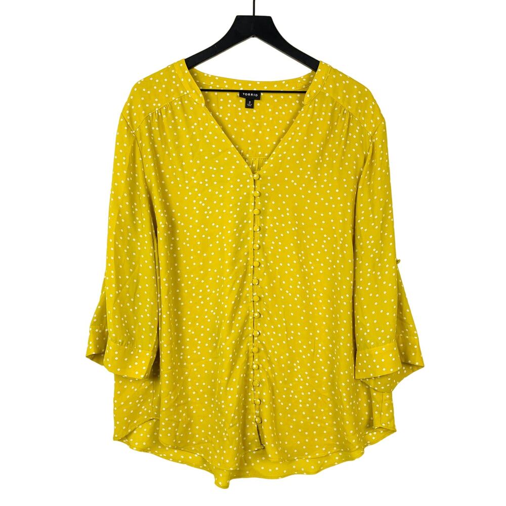 Torrid Plus Size 2 2X Spotted Print Button Down V-Neck Blouse Top Yellow